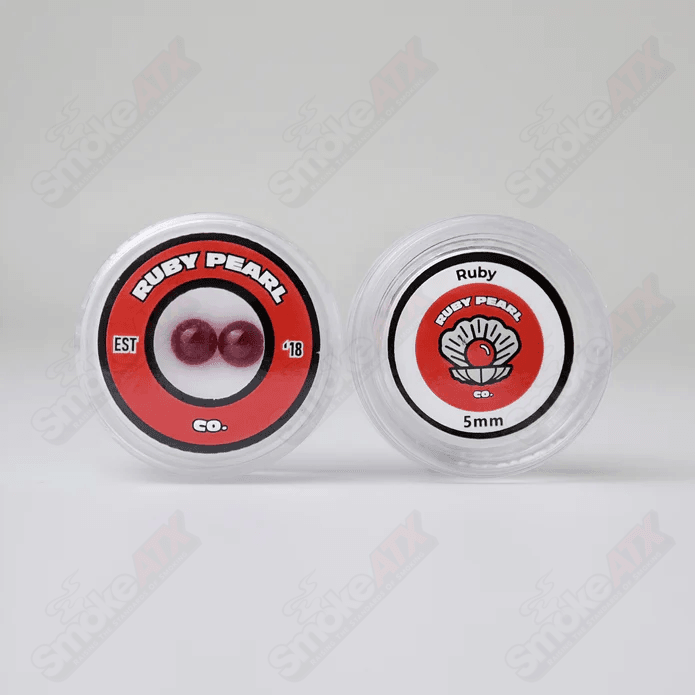 Two 5mm ruby glass pearls from Ruby Pearl Company, round and smooth, displayed on a white background.