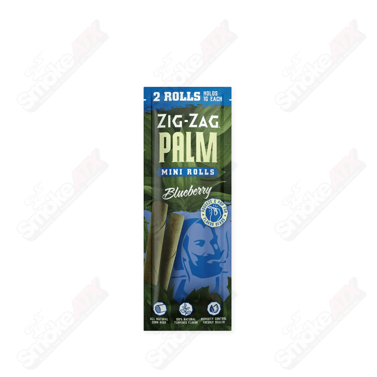Two blue blueberry flavor mini palm rolls from Zig Zag, 420 wraps with zigzag edges, for rolling and smoking accessories.