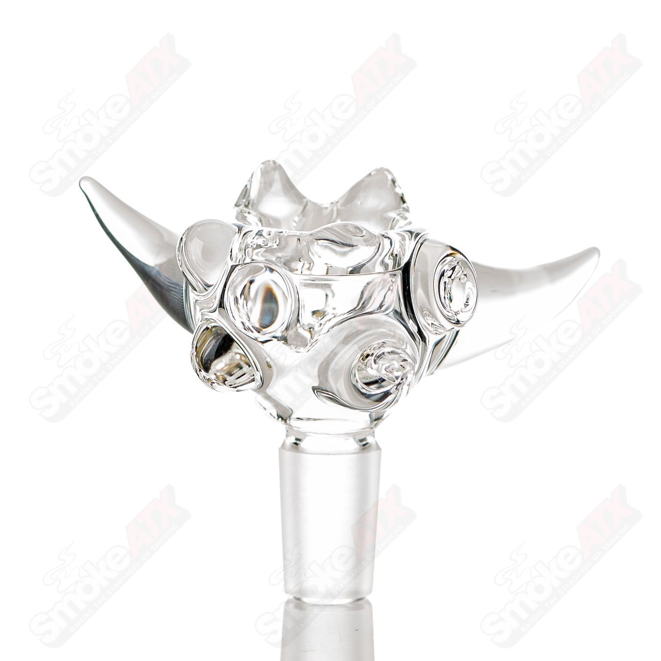 Clear 14mm Worked Horn Bowl by JMass, heady glass bowl with intricate horn design, perfect for enhancing your smoking setup.