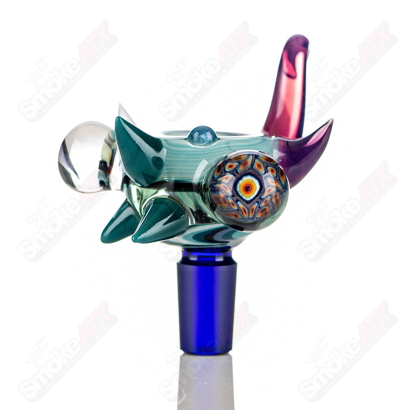 JMass full color worked horn Milli bowl for heady glass pipes, 14mm size with vibrant horn design and detailed craftsmanship.