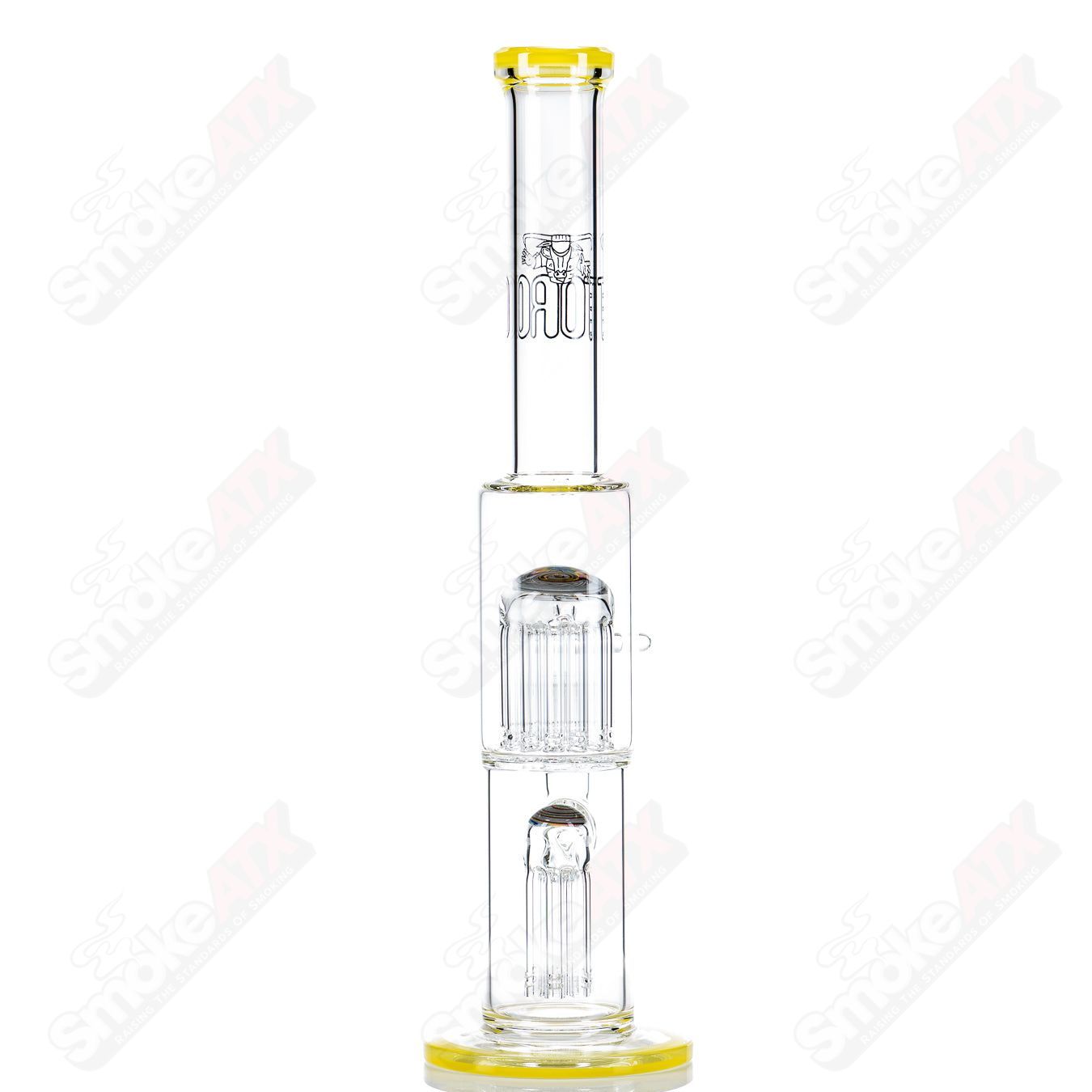 Toro Glass 18mm 7/13 arm perc straight tube with reversal caps, clear glass bong for dry herbs or concentrates.