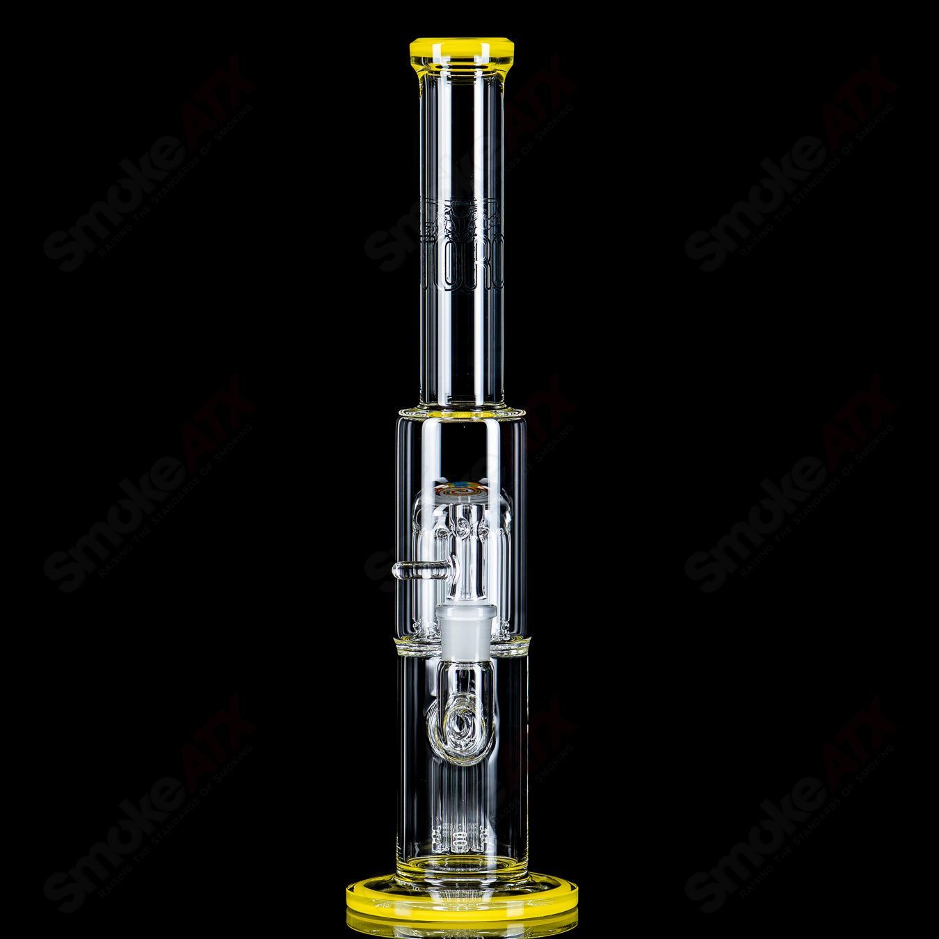 Toro 18mm 7/13 arm perc glass straight tube with reversal caps for smooth smoking experience.