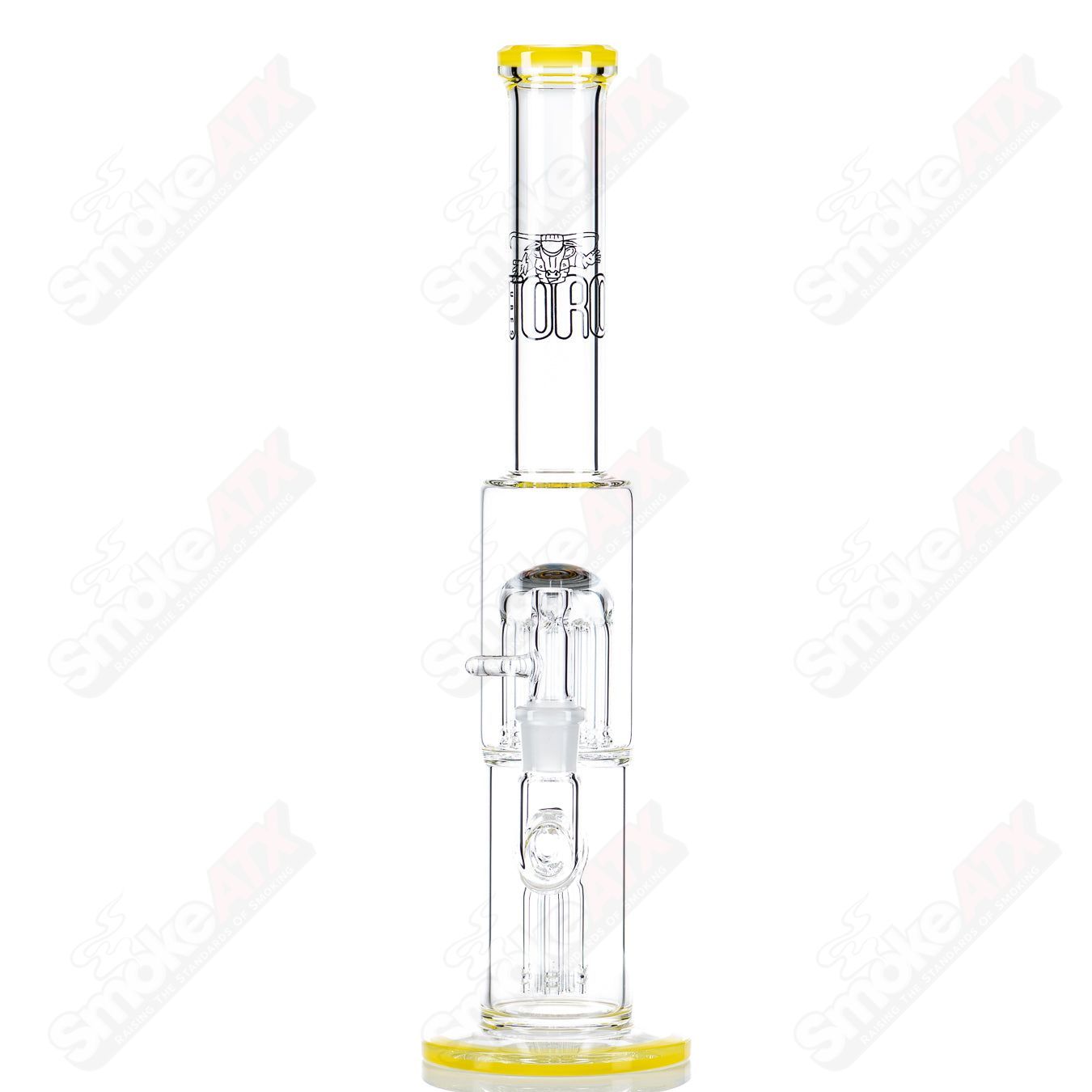 Toro 18mm 7/13 arm perc glass straight tube with reversal caps, featuring Toro branding and clear glass design.