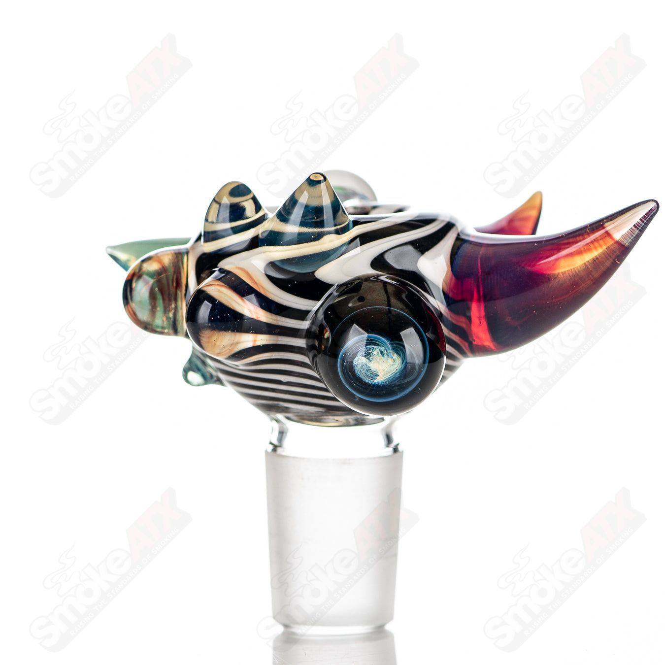 JMass Heady Glass 19mm full-color worked horn Milli bowl, colorful glass smoking bowl with detailed horn design.