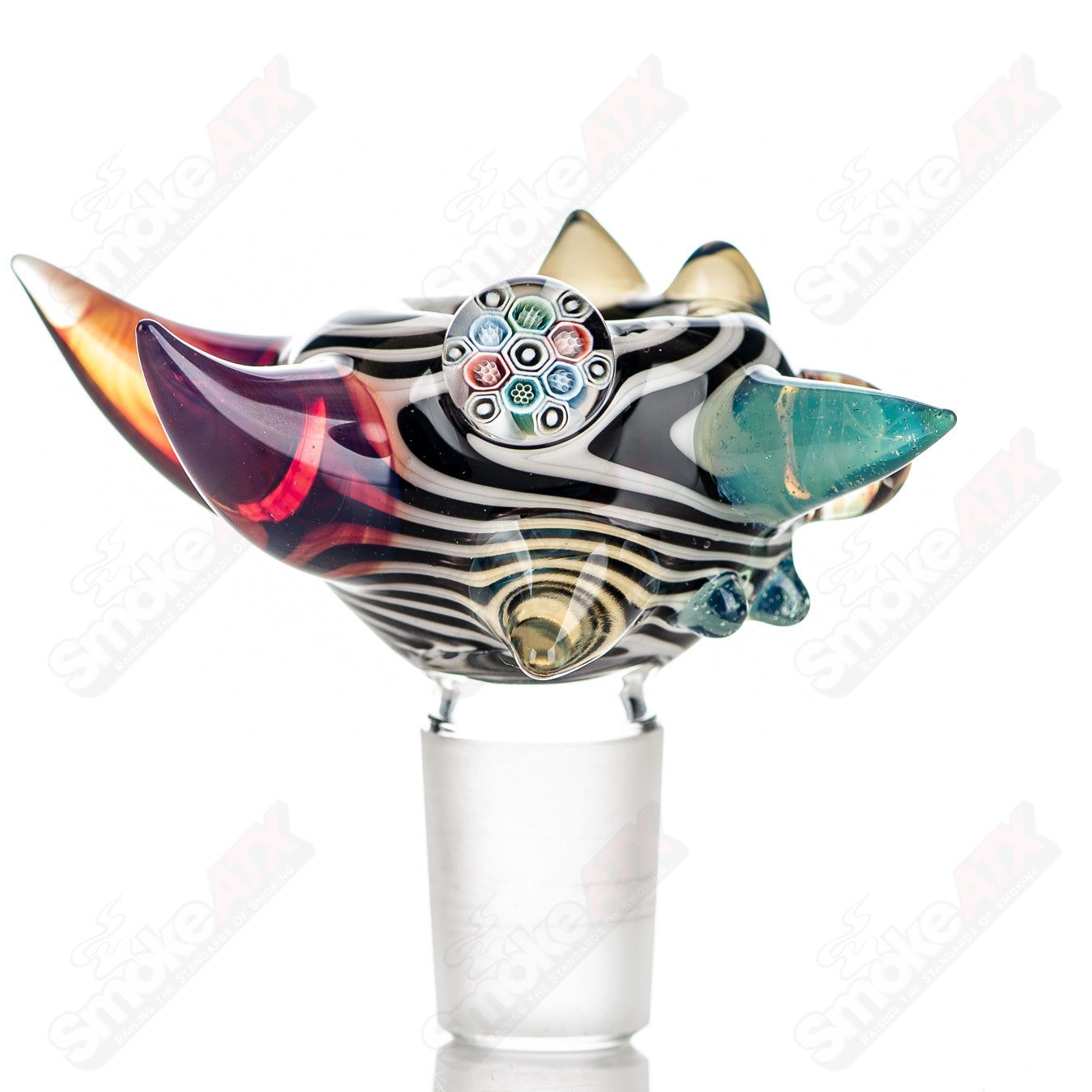 Colorful 19mm Horn Milli Bowl by JMass, heady glass accessory with vibrant worked horn design, for use with smoking devices.
