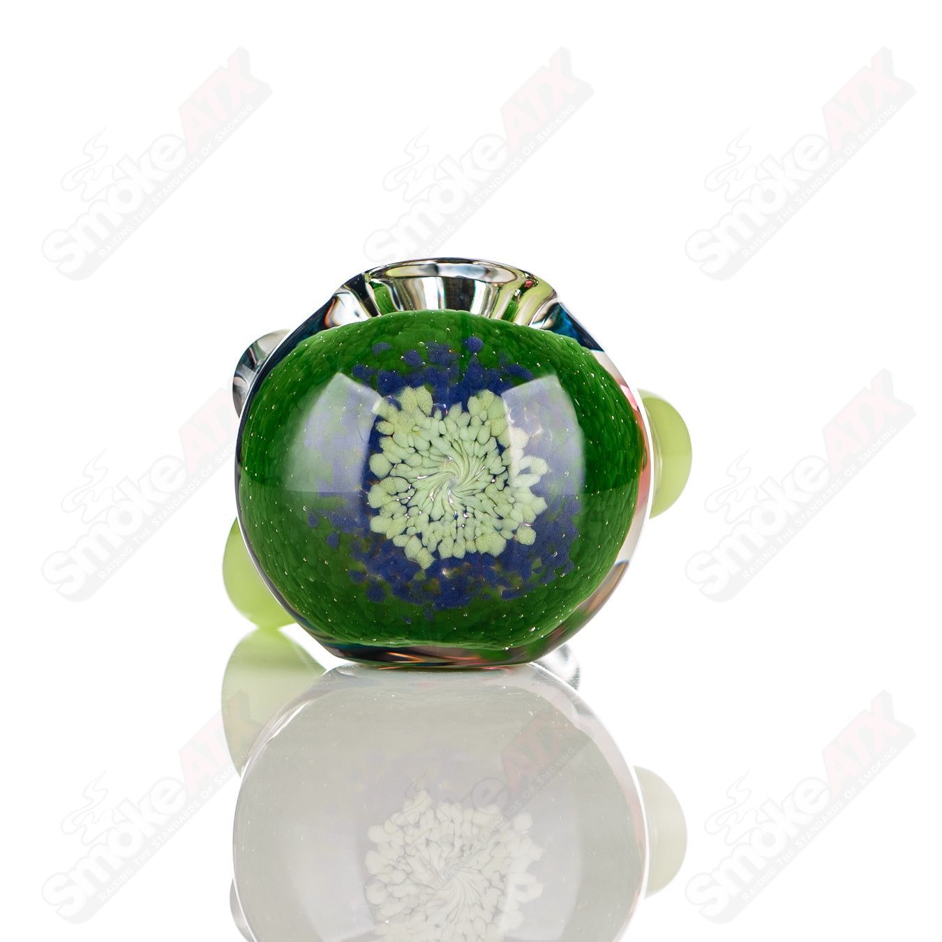 Hand pipe by Jeremy from Oregon featuring three-color worked design on a heady glass IO spoon.