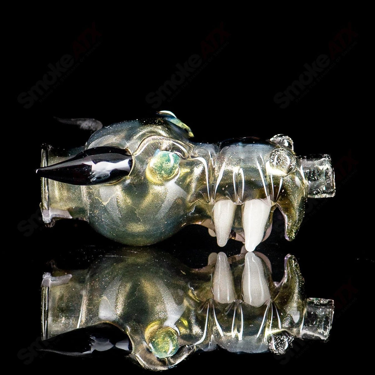 Glass Dragon Pivot Mouthpiece by Tony Kazy for Puffco Tops, featuring intricate dragon design and clear glass construction.