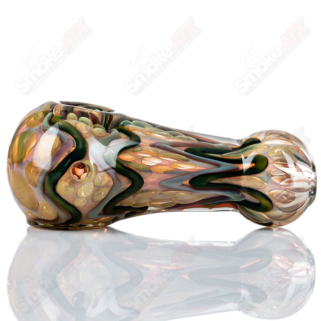 Glass pipe by Shane Smith featuring gold and silver fume accents, designed as a stylish I/O spoon for smoking.