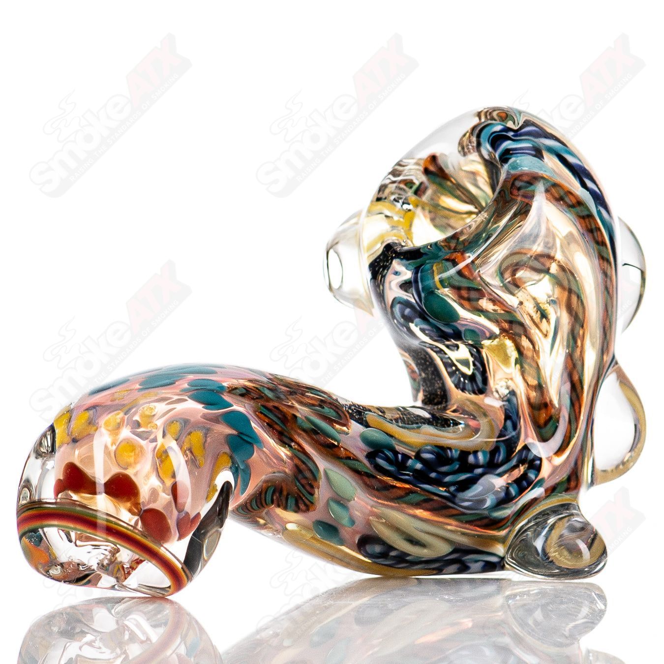 Glass Sherlock pipe titled #3 ISO Chaos Sherlock by Molten Imagination, featuring a detailed, colorful glass design.