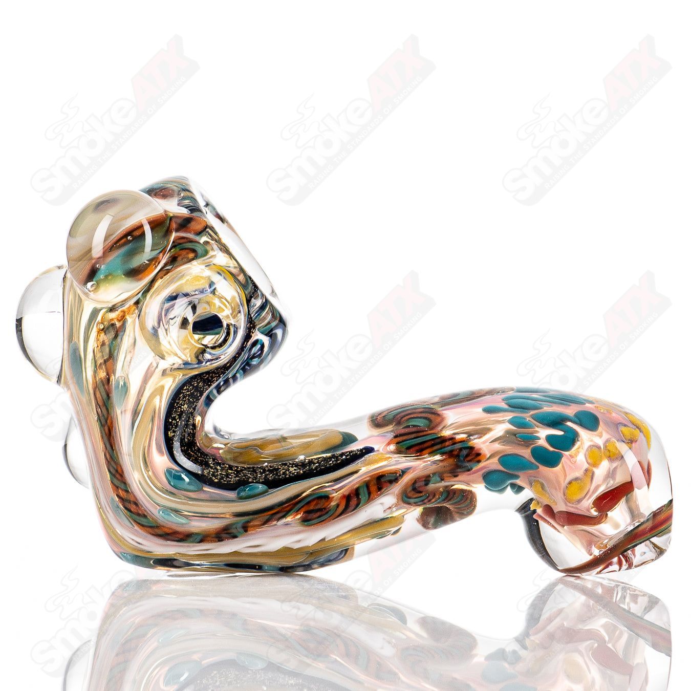 Molten Imagination ISO Chaos Sherlock glass pipe with intricate design and clear glass construction, handcrafted for smoking enthusiasts.