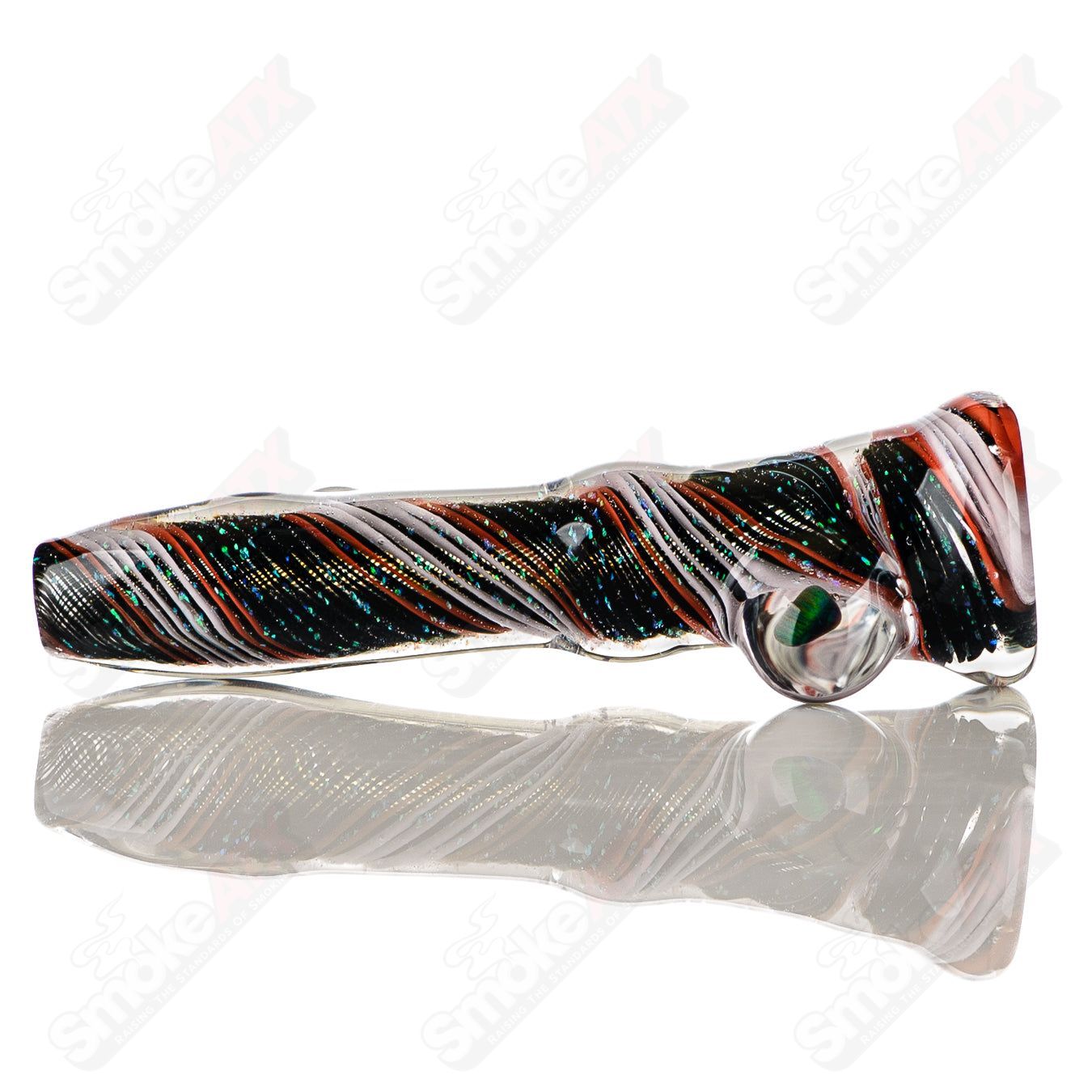 Glass chillum with colorful opal design by Rotational Science, showcasing a sleek, rounded shape with vibrant onyx-like patterns.