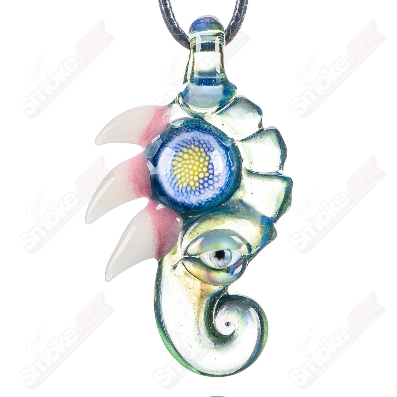 Salt Glass #3 Pendant Dosa x Salt Glass heady glass pendant featuring colorful Dosa design on clear glass, hanging from a chain.