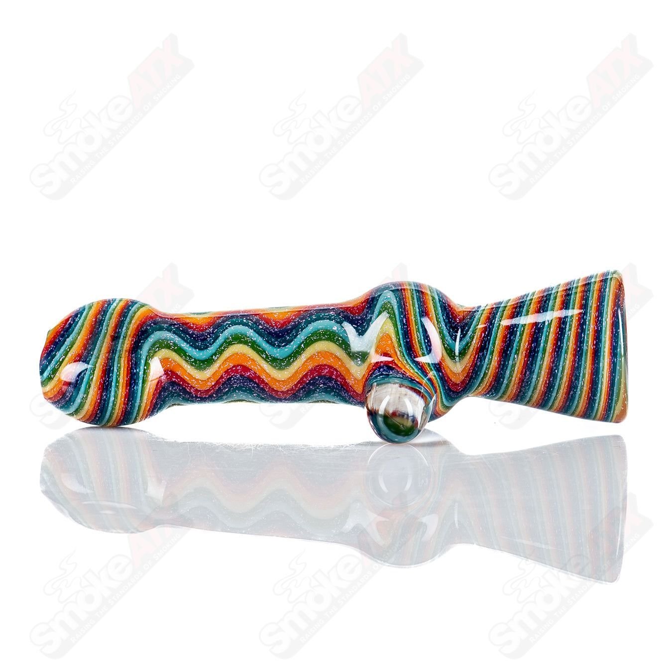 Colorful rainbow dichro line work glass chillum by Shane Smith, featuring intricate design and compact smoking pipe style.