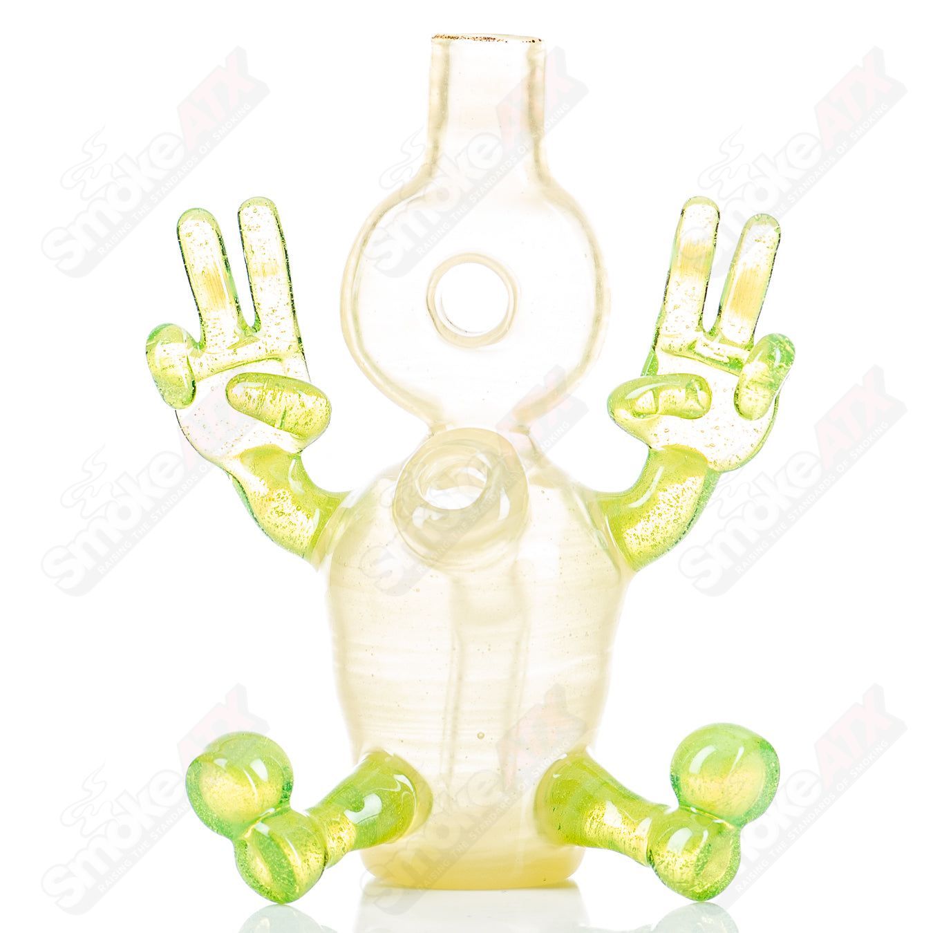 Glass waterpipe rig with three-sitter design by MJ Meltz, featuring clear glass and intricate craftsmanship.