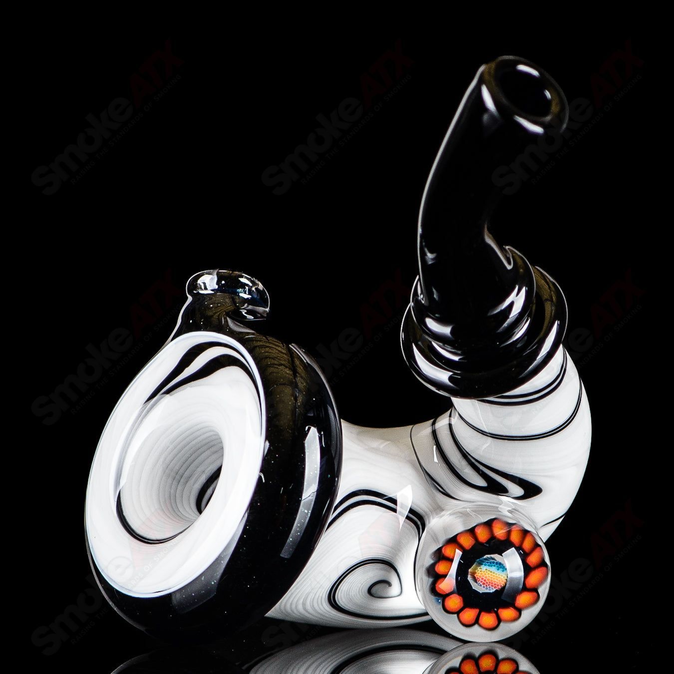 Small Wig Wag Sherlock heady glass pipe with Milli accent by JMass, featuring intricate glass art and vibrant colors.