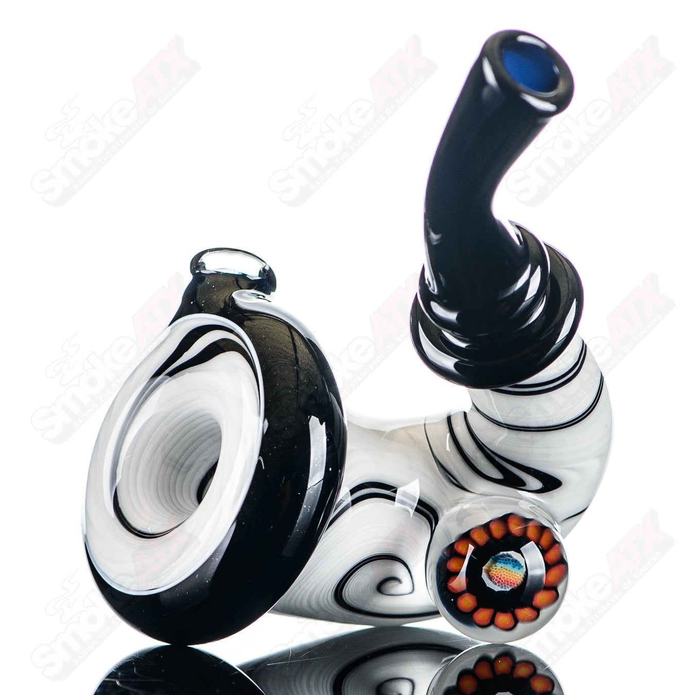 Small Wig Wag Sherlock heady glass pipe with Milli accent by JMass, featuring intricate glasswork and colorful details.