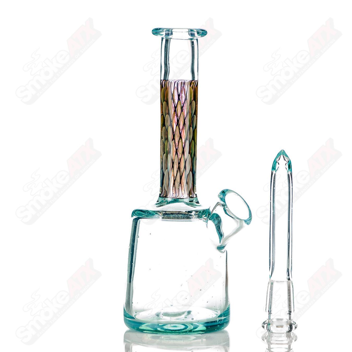 Colorful BCM Glass UV Mini Rig for concentrates, featuring intricate heady glass design and vibrant UV-reactive accents.