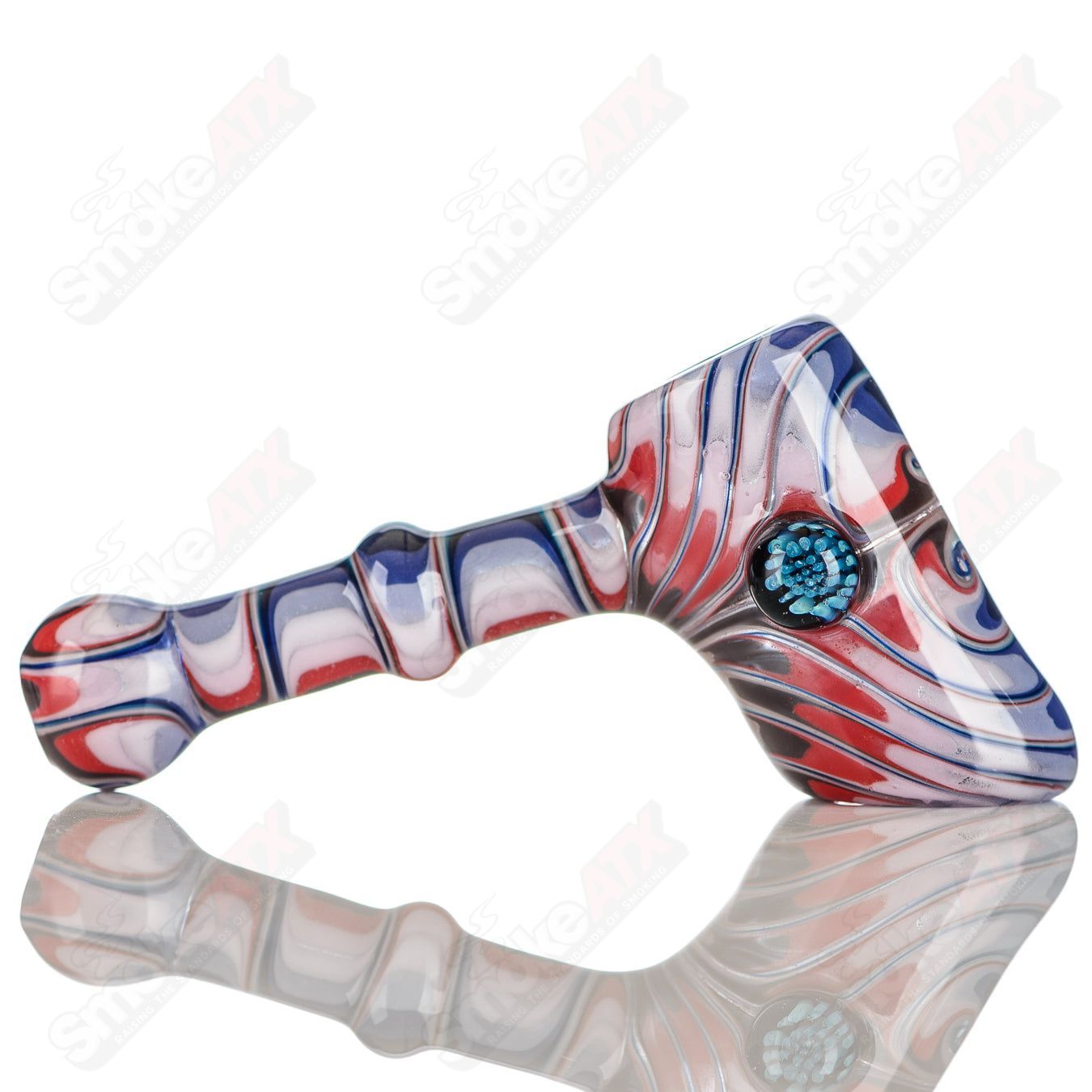 Katy Wright Glass Wig Wag Hammer Dry Pipe, colorful heady glass hand pipe with vibrant wig wag design.