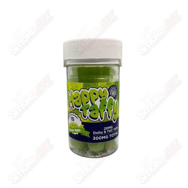 Herban Bud 300mg D9 Green Apple Happy Taffy hemp edible, 15 count, THC-infused green apple flavored candy.