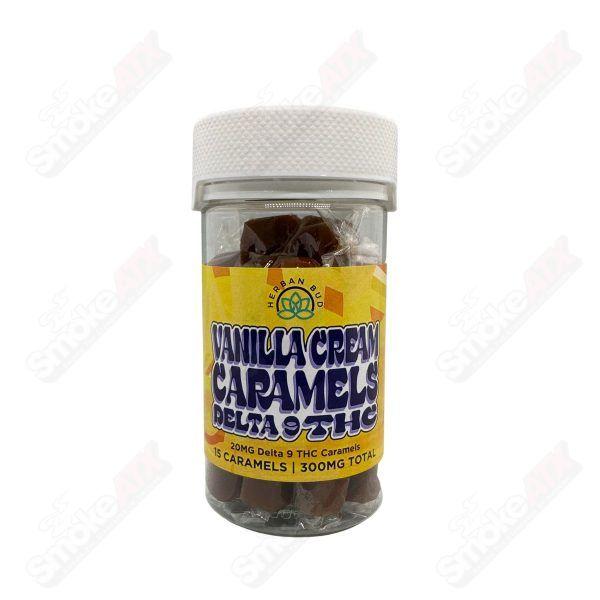 Herban Bud 300mg D9 vanilla cream caramel hemp edibles, 15 count, THC-infused cannabis treats with creamy vanilla flavor