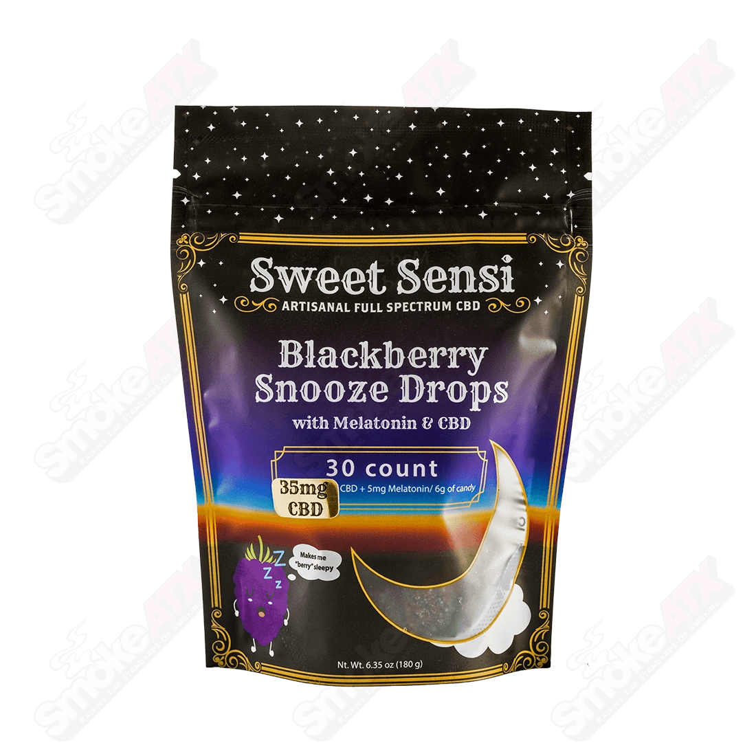 Box of 30 Sweet Sensi Blackberry Snooze Drops CBD hemp edibles with 35mg per piece, natural sleep aid supplement.