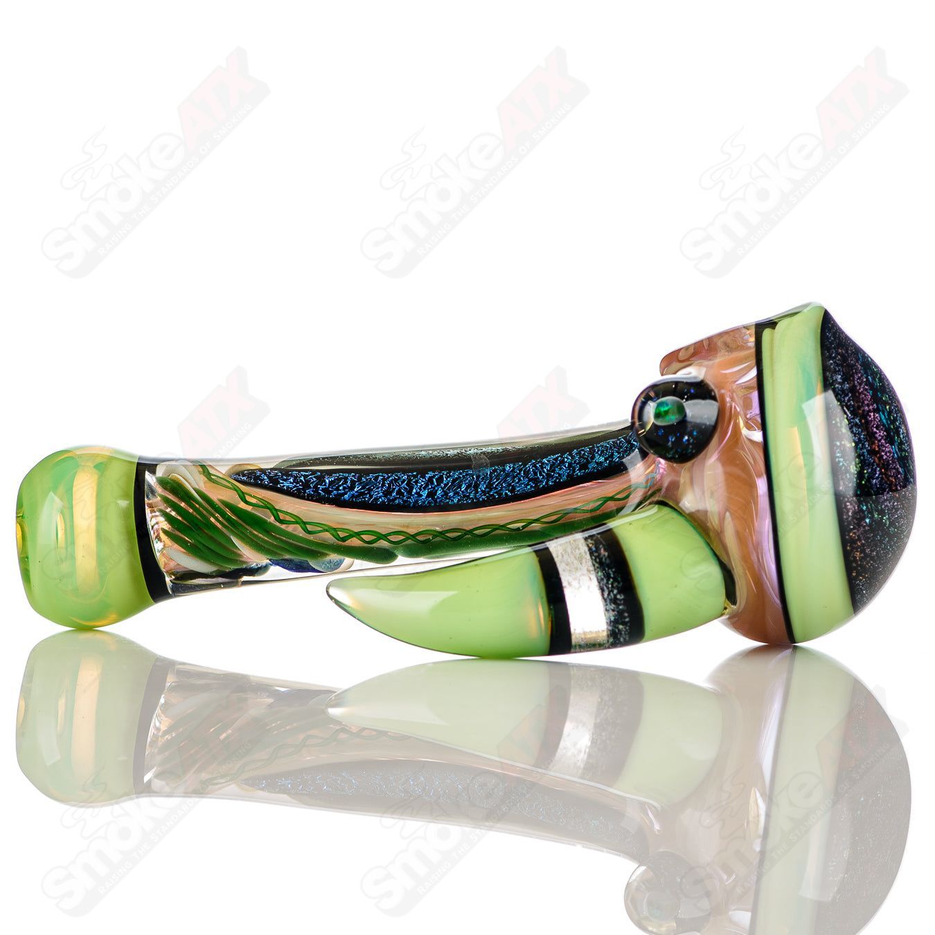 Colorfully worked IO spoon pipe by Jeremy from Oregon in vibrant 34-color design, handcrafted heady glass hand pipe.