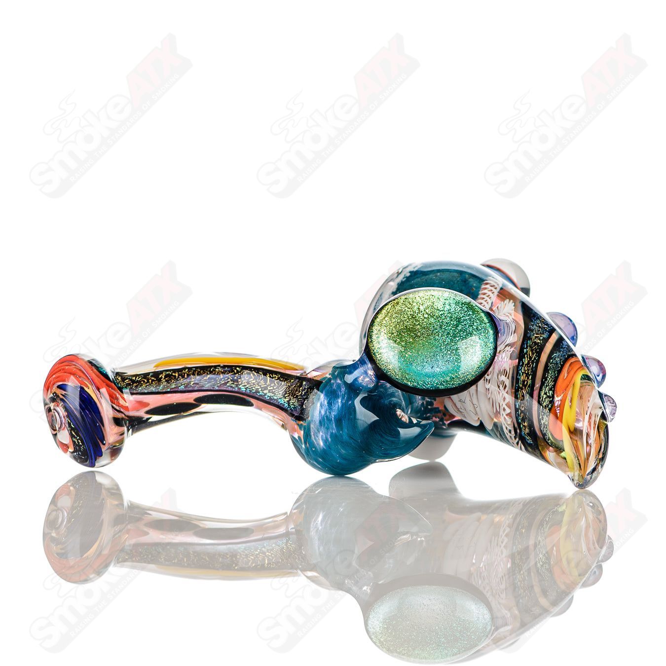 Colorfully worked IO Sherlock hand pipe by Jeremy from Oregon, featuring intricate 35-color glass design and classic pipe shape.