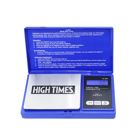High Times GForce digital scale displaying 350g capacity with 0.1g precision, compact and sleek for accurate weighing.