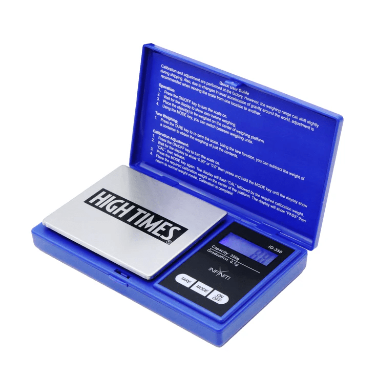 High Times digital GForce scale displaying 350g capacity with 0.1g precision, featuring a sleek digital display.