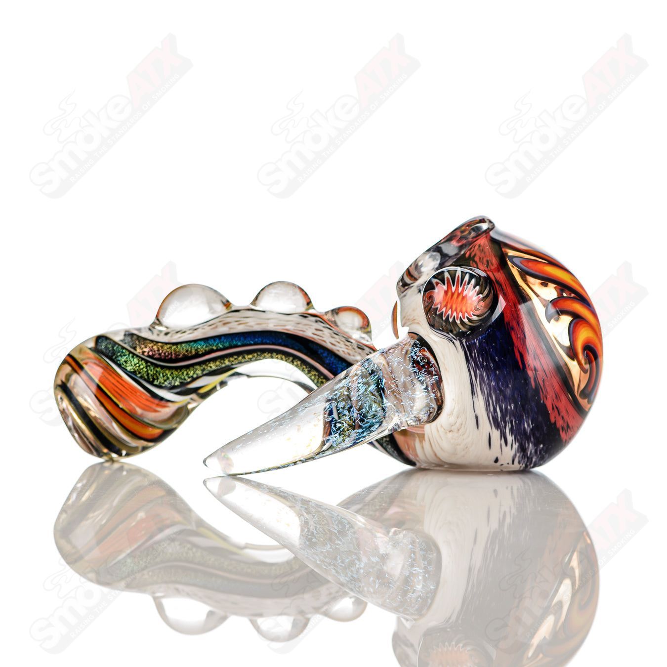 Colorfully worked IO Sherlock hand pipe by Jeremy from Oregon featuring intricate 36-color design and glass craftsmanship.