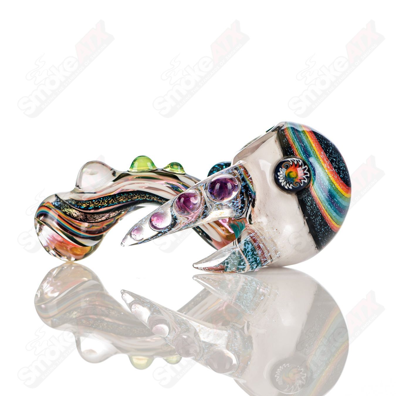 Colorfully worked IO Sherlock hand pipe by Jeremy from Oregon featuring intricate 37-color glass design.
