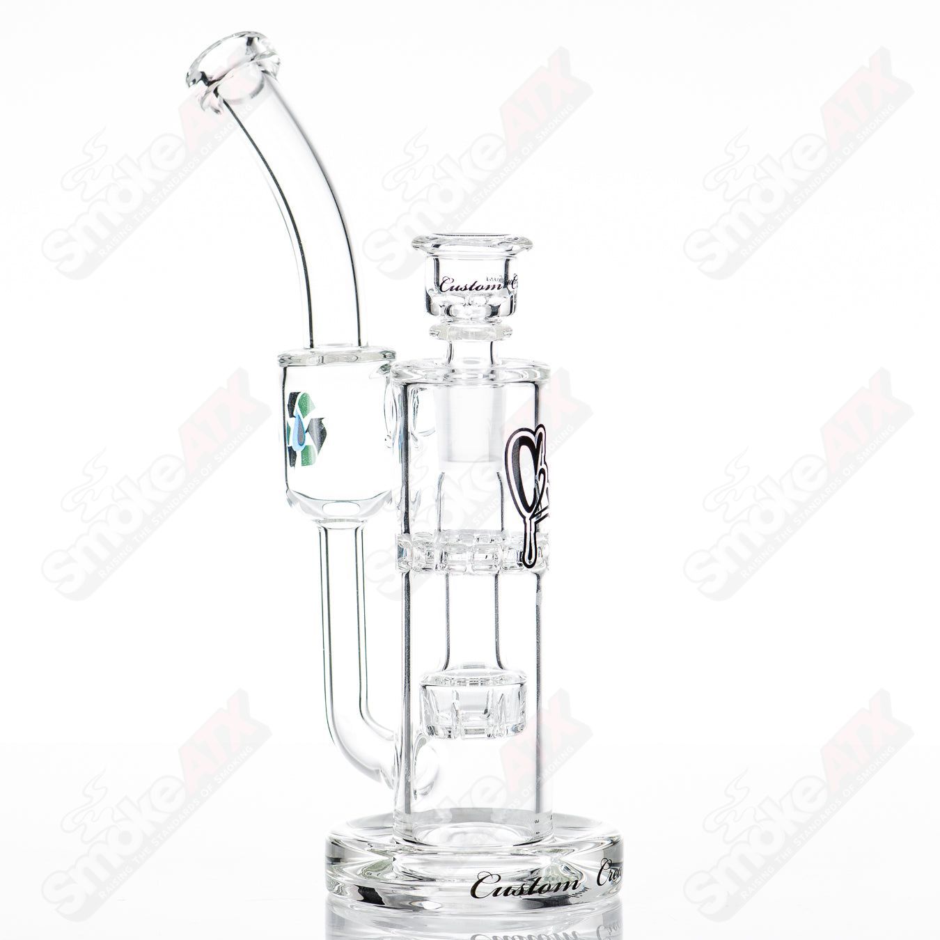 38mm recycler glass pipe with ratchet perc by C2 Custom Creations, showcasing intricate recycler and perc design.