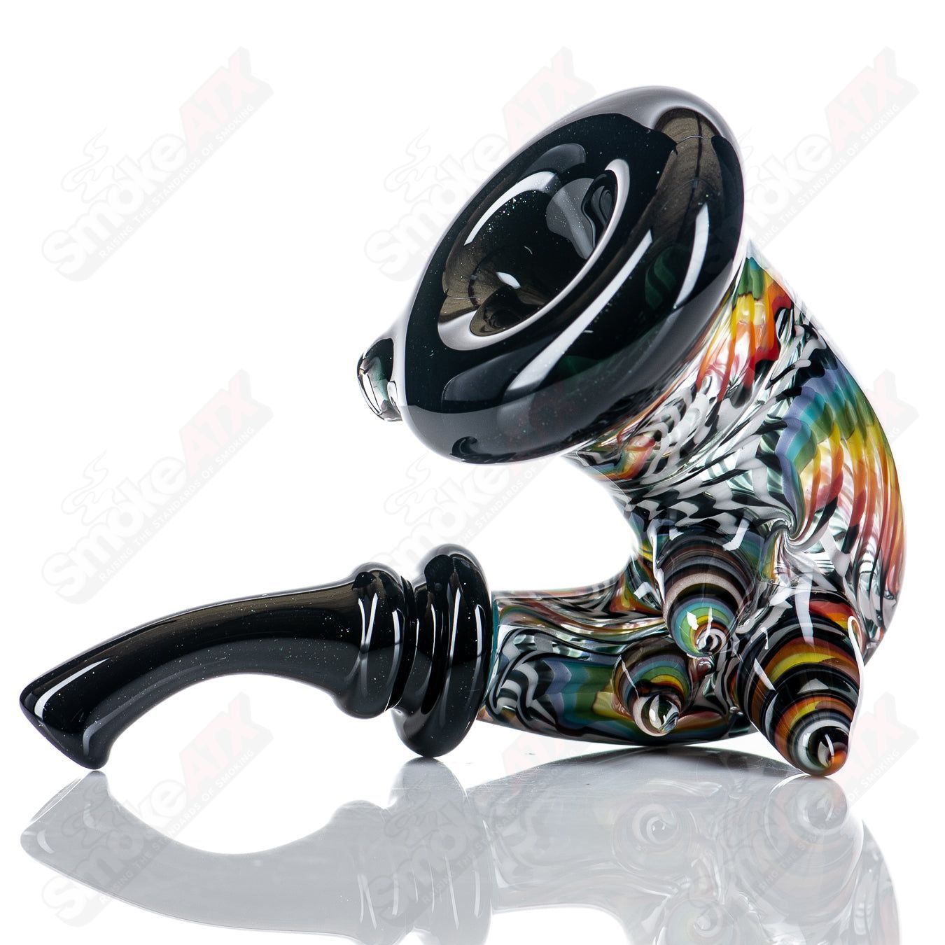 JMass Sherlocks heady glass pipe featuring 3D Fire & Ice Reversal artwork by Shawna Benson, with vibrant colorful glass design