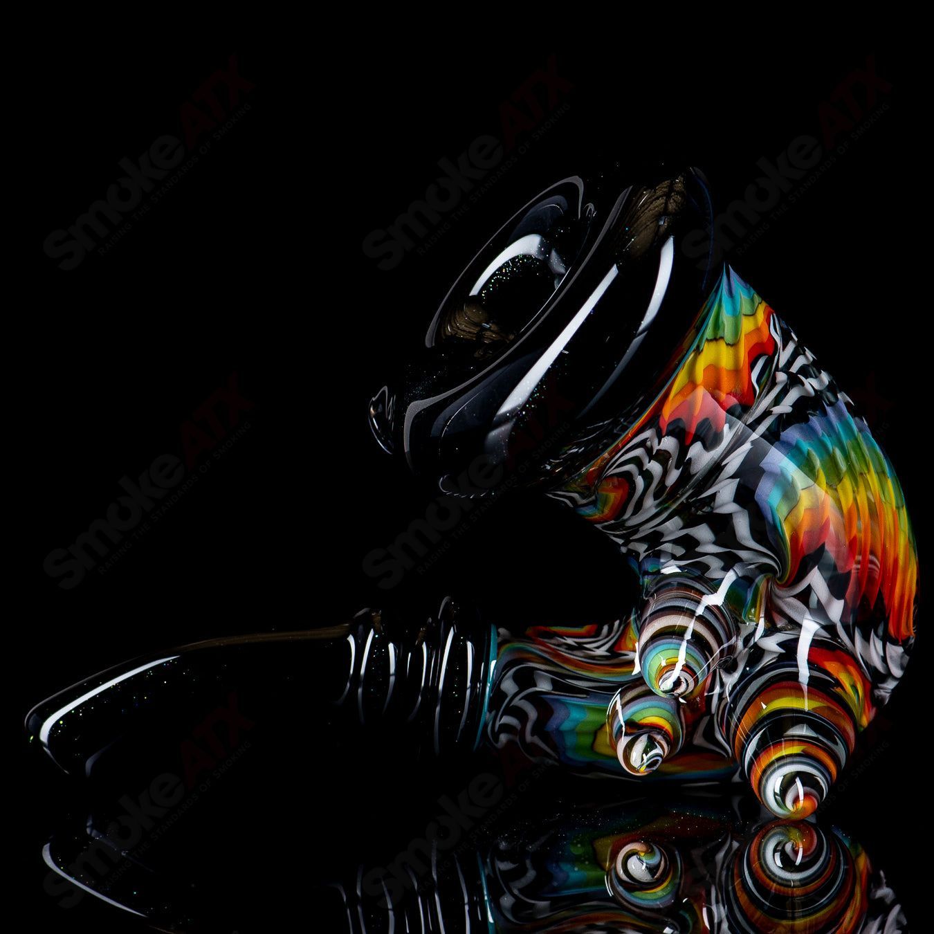 JMass Sherlocks heady glass pipe featuring 3D Fire & Ice Reversal artwork by Shawna Benson, with vibrant colors and intricate design.