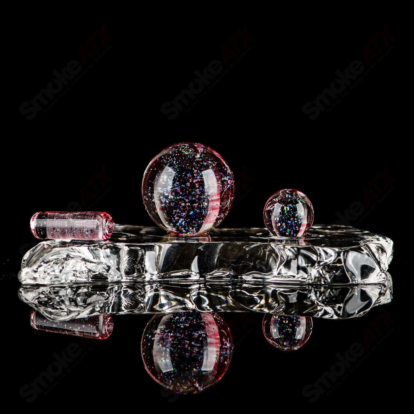 Three-piece UV-reactive Cropal slurper set by Indo Glass featuring gold ruby and blue lava glass accessories.