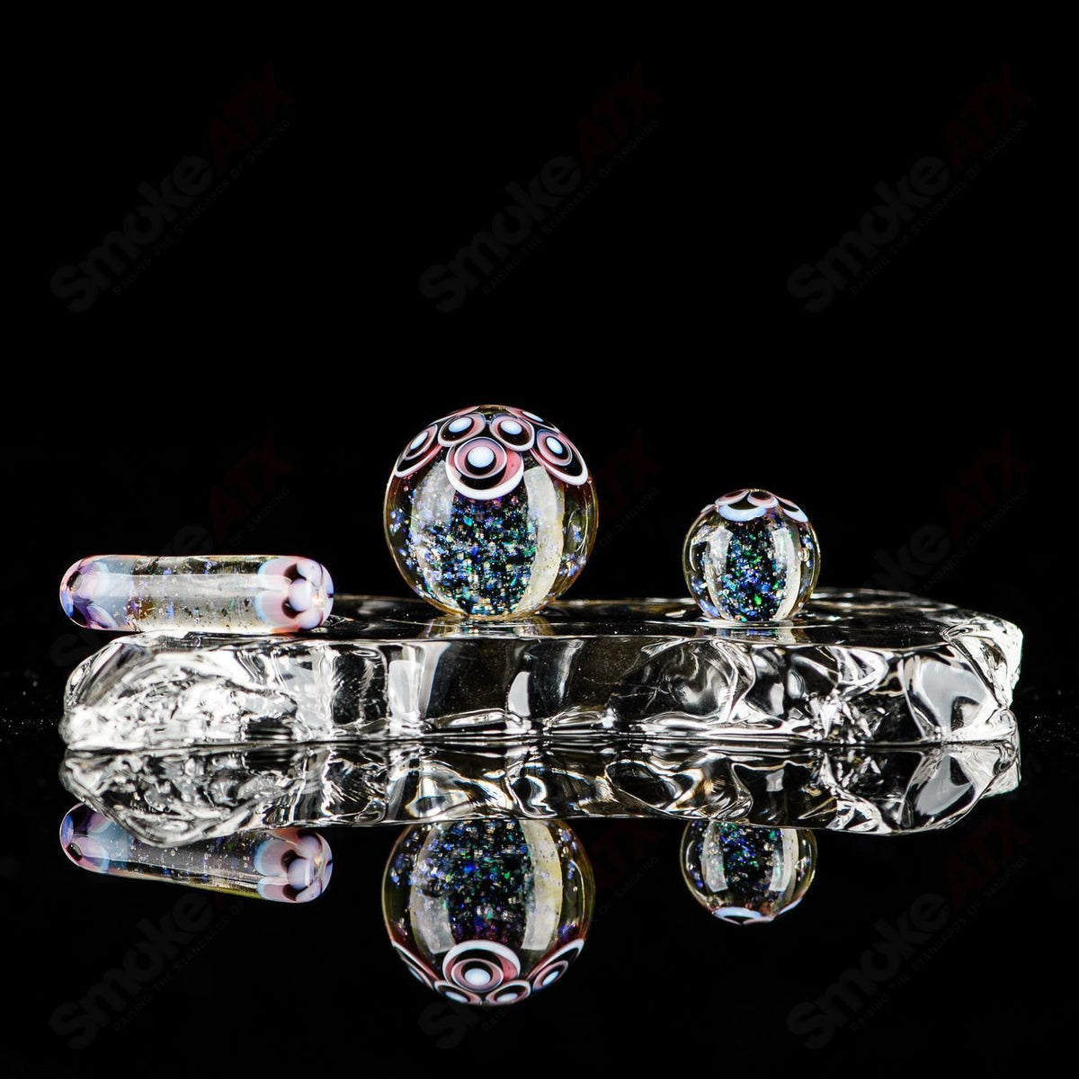 Three-piece UV Dotstack Cropal glass slurper set by Indo Glass featuring gold ruby, citrine, Lucy, galaxy, and lotus designs.