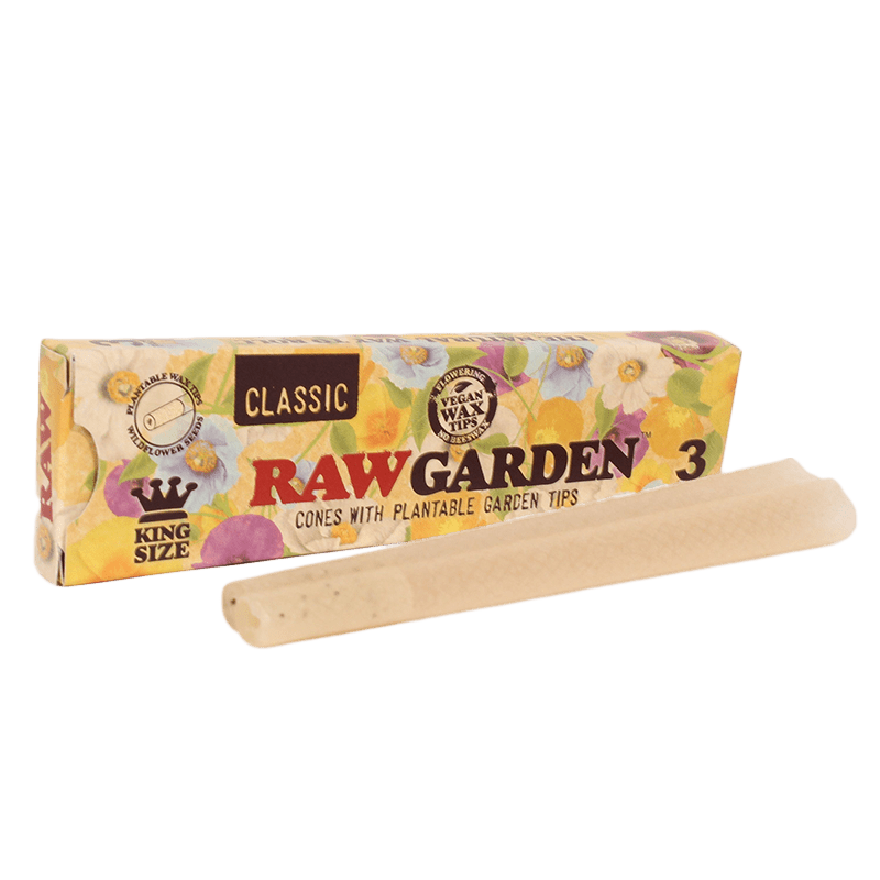 Three RAW king-size classic cones with plantable garden tips, showcasing eco-friendly rolling paper and tips for cannabis use.