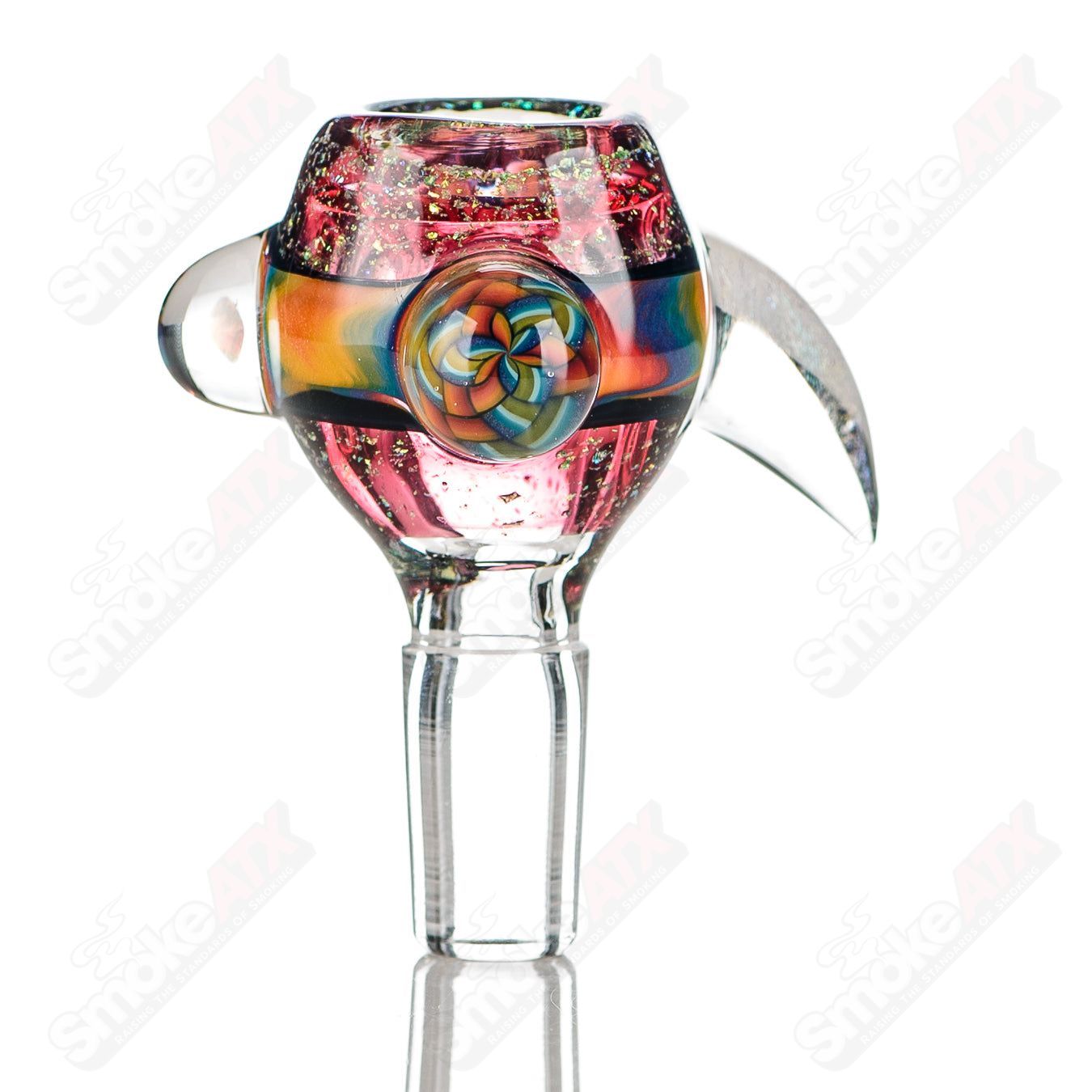 Color worked 14mm slide bowl by Jeremy from Oregon, featuring vibrant glass art and intricate design details.