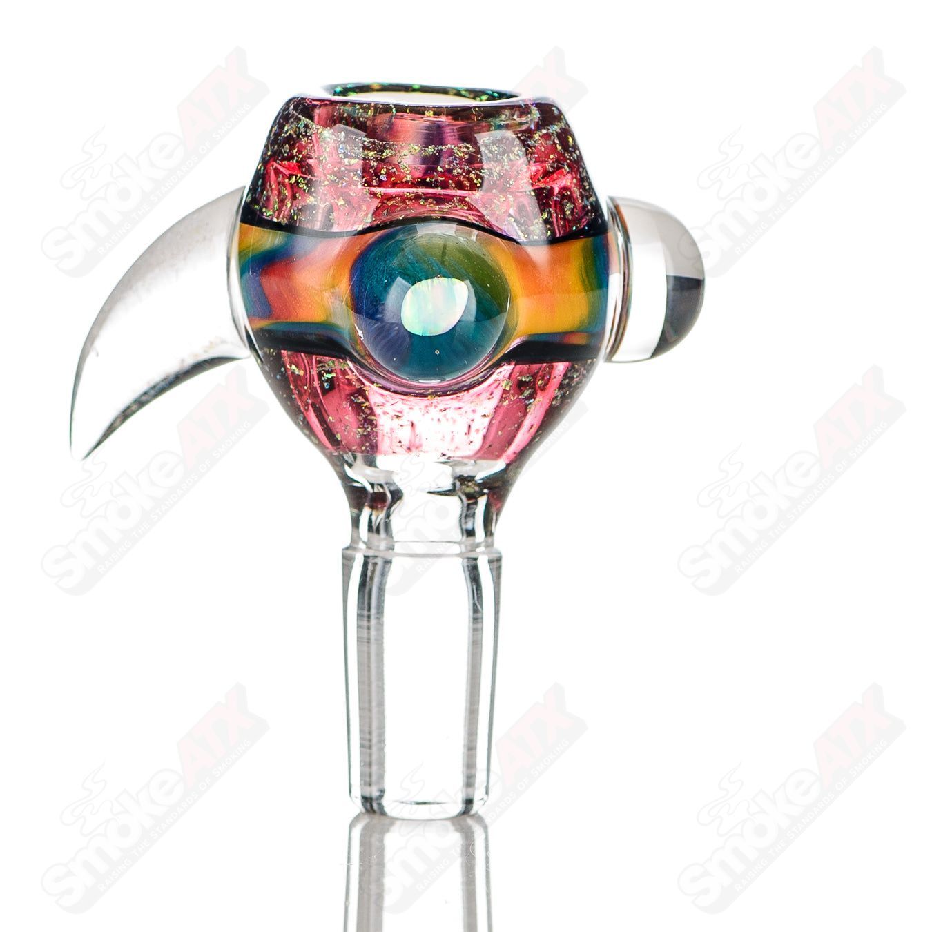 Colorfully worked 14mm slide bowl by Jeremy from Oregon, made of heady glass with intricate design details.