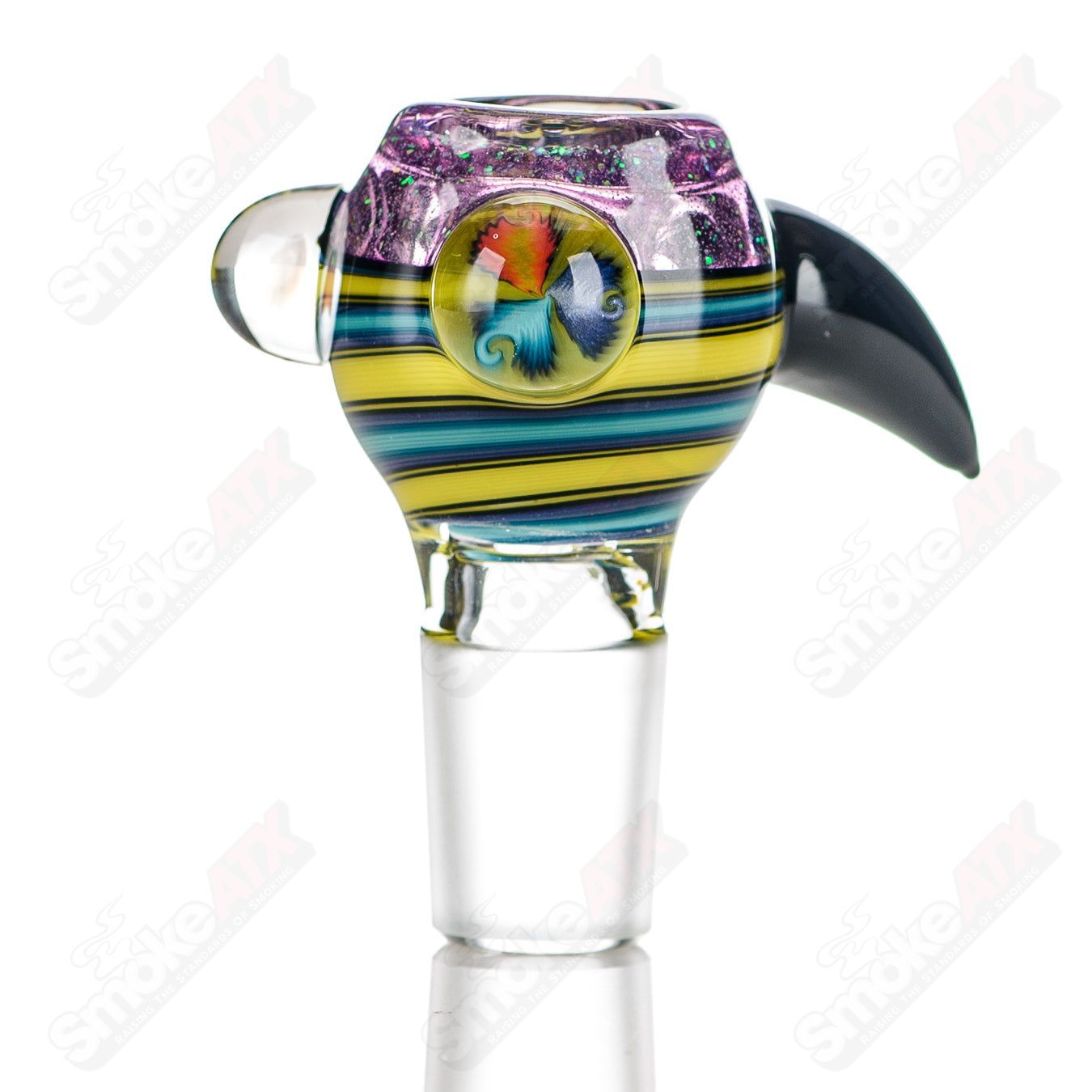 Color worked 18mm slide bowl by Jeremy from Oregon, handcrafted Heady Glass piece with vibrant glasswork and intricate design.