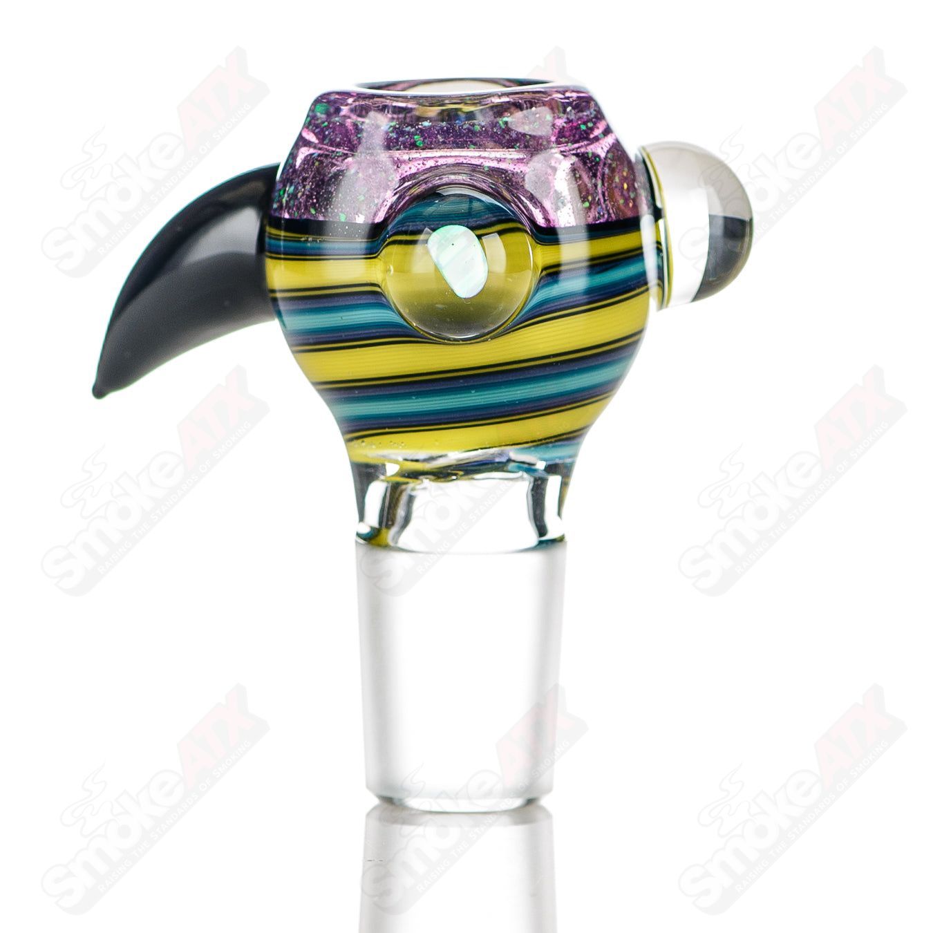 Color worked 18mm slide bowl by Jeremy from Oregon, crafted with vibrant glass patterns and a sturdy bowl design.