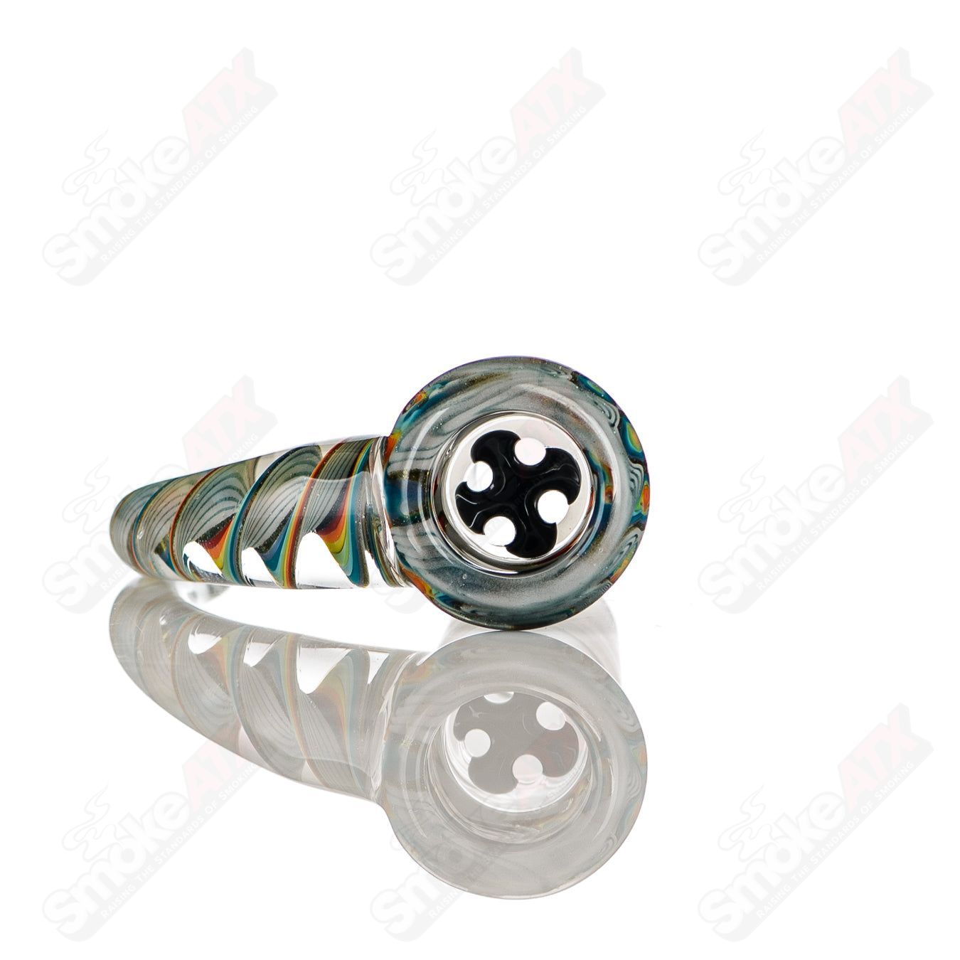 Colorful 18mm Worked 4-Hole Slide by Texas Tubes, Heady Glass bowl accessory with vibrant design and functional holes.