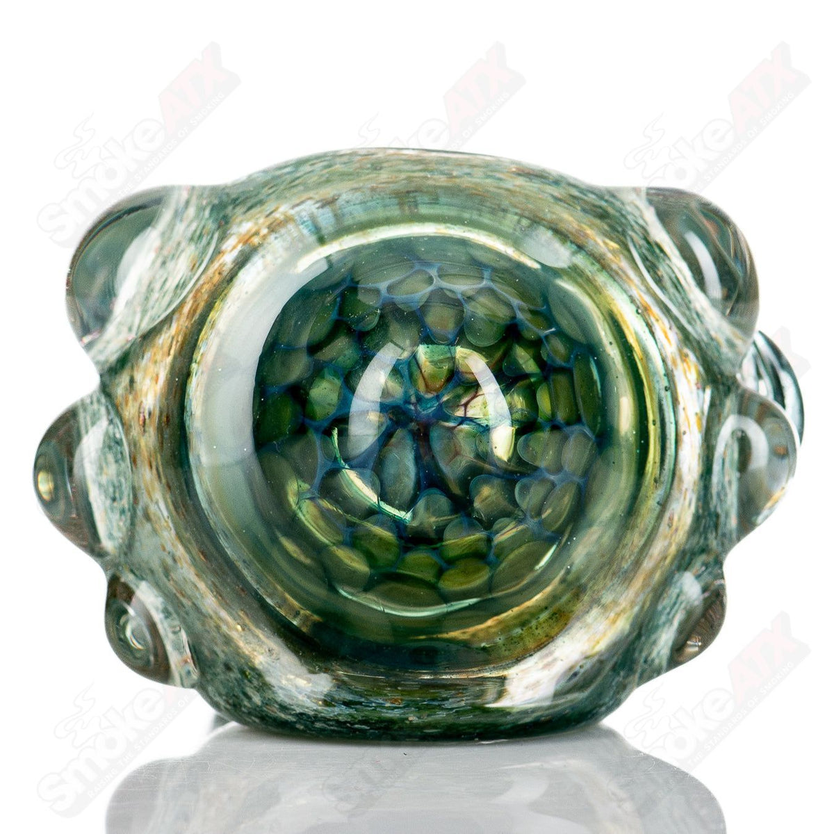 Molten Imagination Dragon Skin glass hand pipe with honeycomb design, featuring intricate dragon scale patterns.