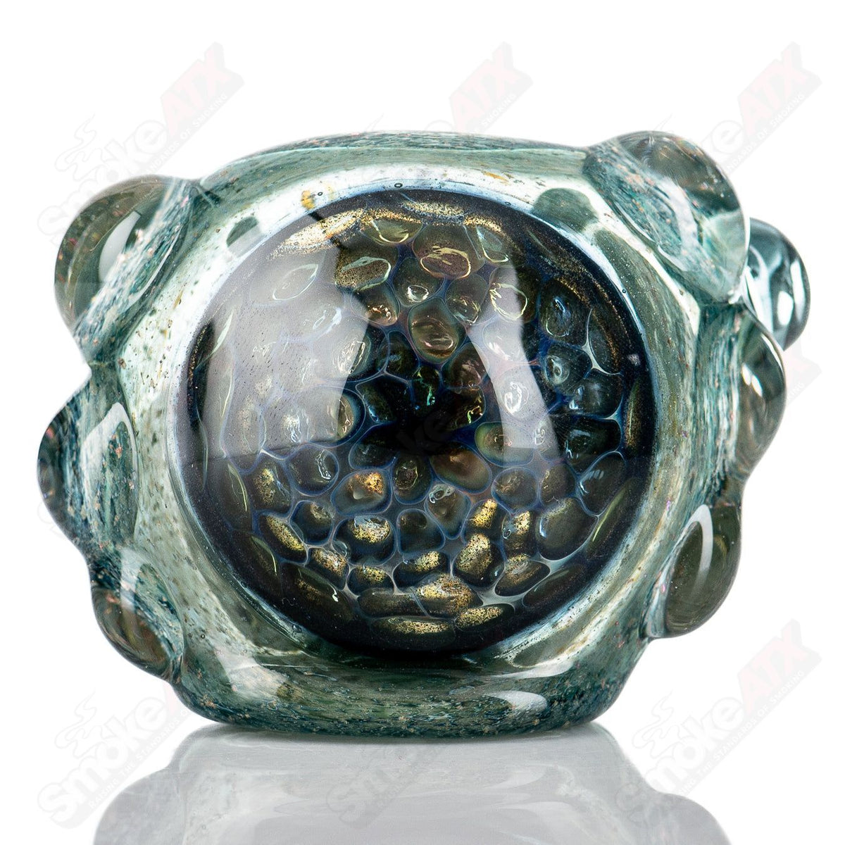 Molten Imagination Dragon Skin hand pipe with honeycomb glass design, featuring intricate dragon scale patterns.