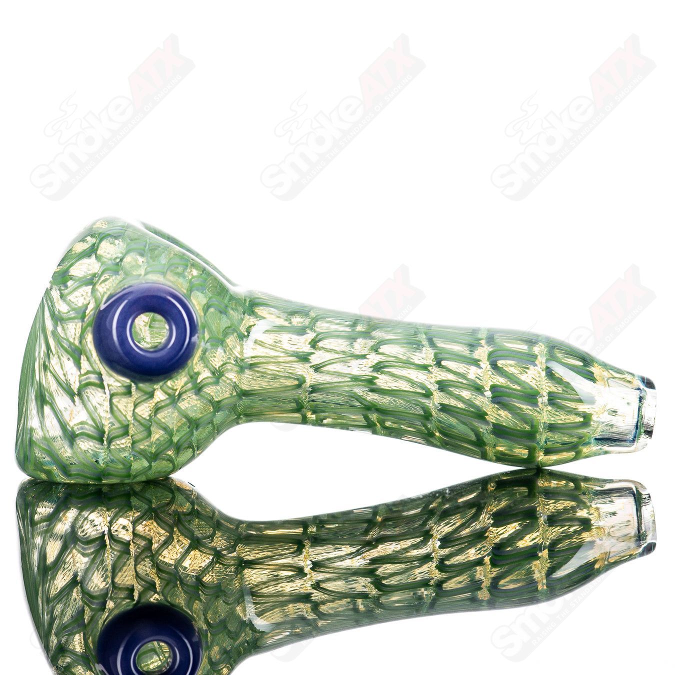 Handcrafted JMK Glass #4 Lattice Coil Spoon, a colorful glass hand pipe with intricate lattice coil design.