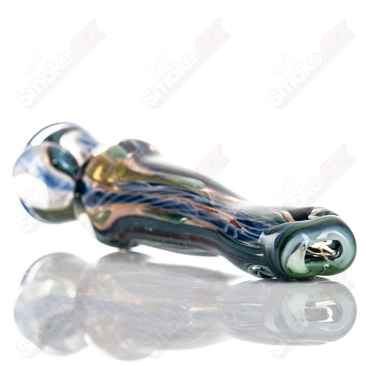 Glass hand pipe, #4 LG ISO Bat Chillum by Molten Imagination, featuring clear glass design with intricate detailing.