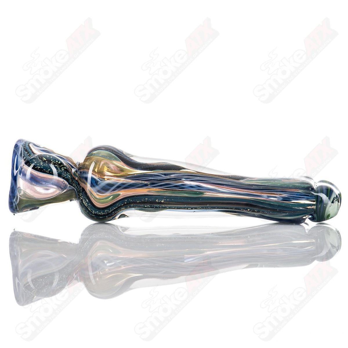 Glass hand pipe, #4 LG ISO Bat Chillum by Molten Imagination, featuring clear glass design and compact shape.