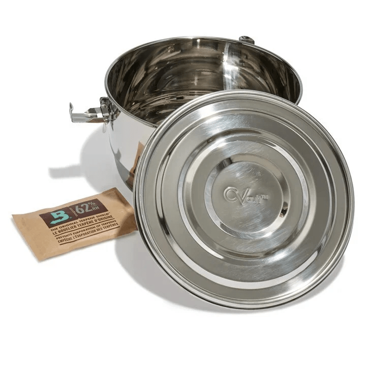 4-liter CVault metal storage jar for herbs and cannabis preservation, featuring airtight seal and durable stainless steel construction.