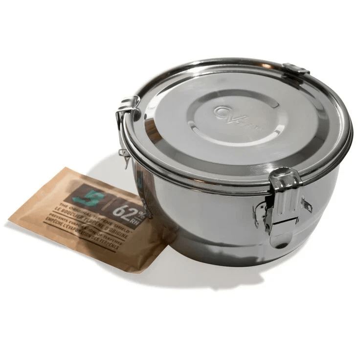 4-liter CVault metal container for storage, featuring airtight seal and durable stainless steel construction.