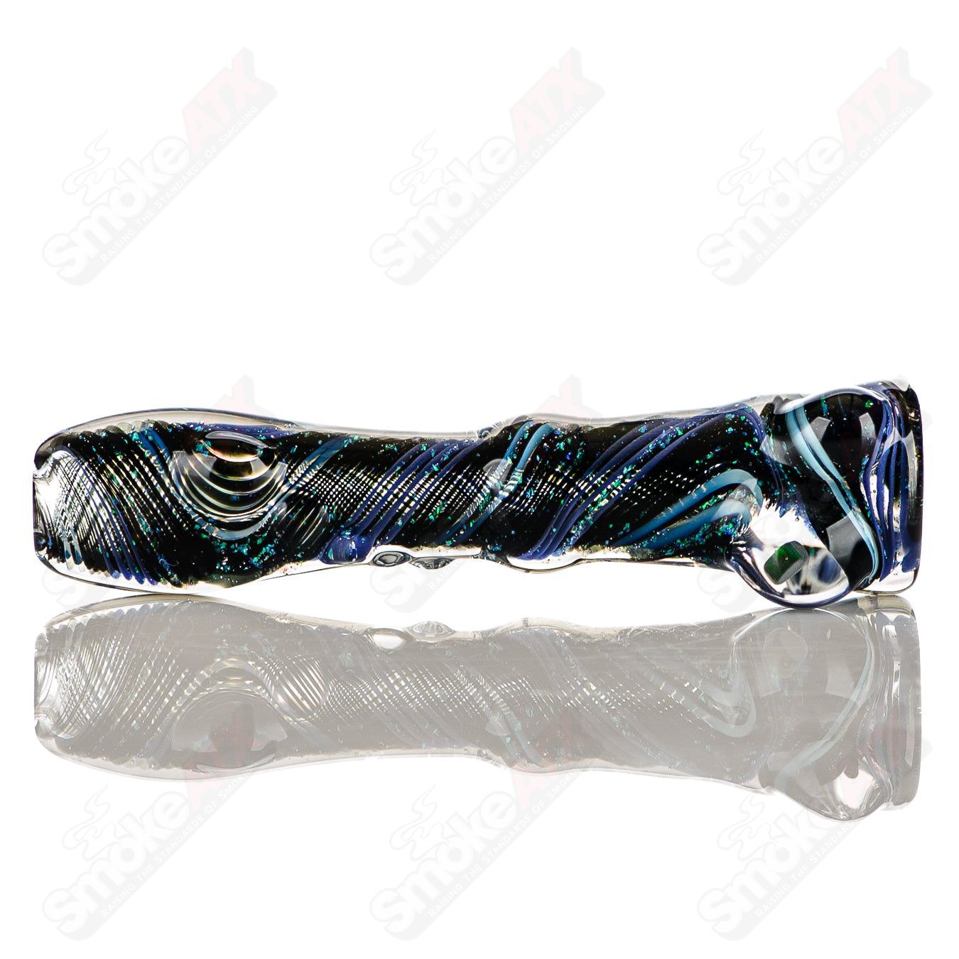 Glass chillum named #4 Opal Hitter by Rotational Science featuring a colorful opal design and sleek cylindrical shape.